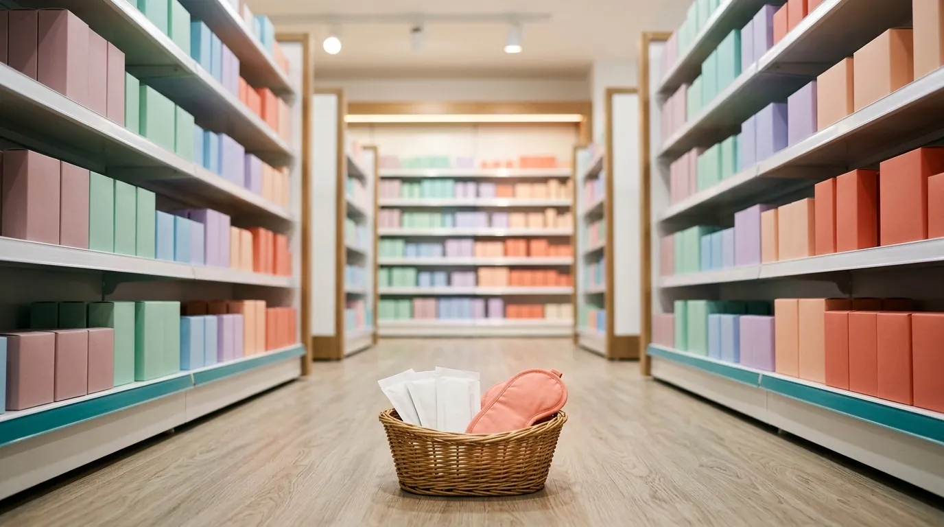 Apothekenregal mit rezeptfreien Produkten als Symbol für Anti-Schnarch-Mittel aus Drogerie und Apotheke