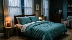 Doppelbett mit zwei Kopfkissen in einem nächtlichen Schlafzimmer
