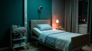 Leeres Klinikbett mit Überwachungsmonitor in einem abgedunkelten Raum