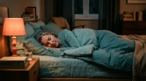 Frau schläft in Seitenlage in einem ruhigen Schlafzimmer