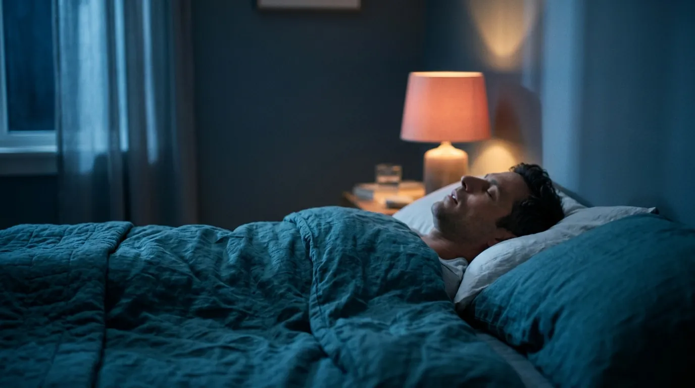 Abgedunkeltes Schlafzimmer mit Bett bei Nacht