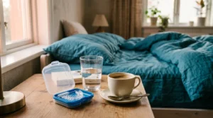 Schnarchschiene in einer Aufbewahrungsdose auf dem Nachttisch
