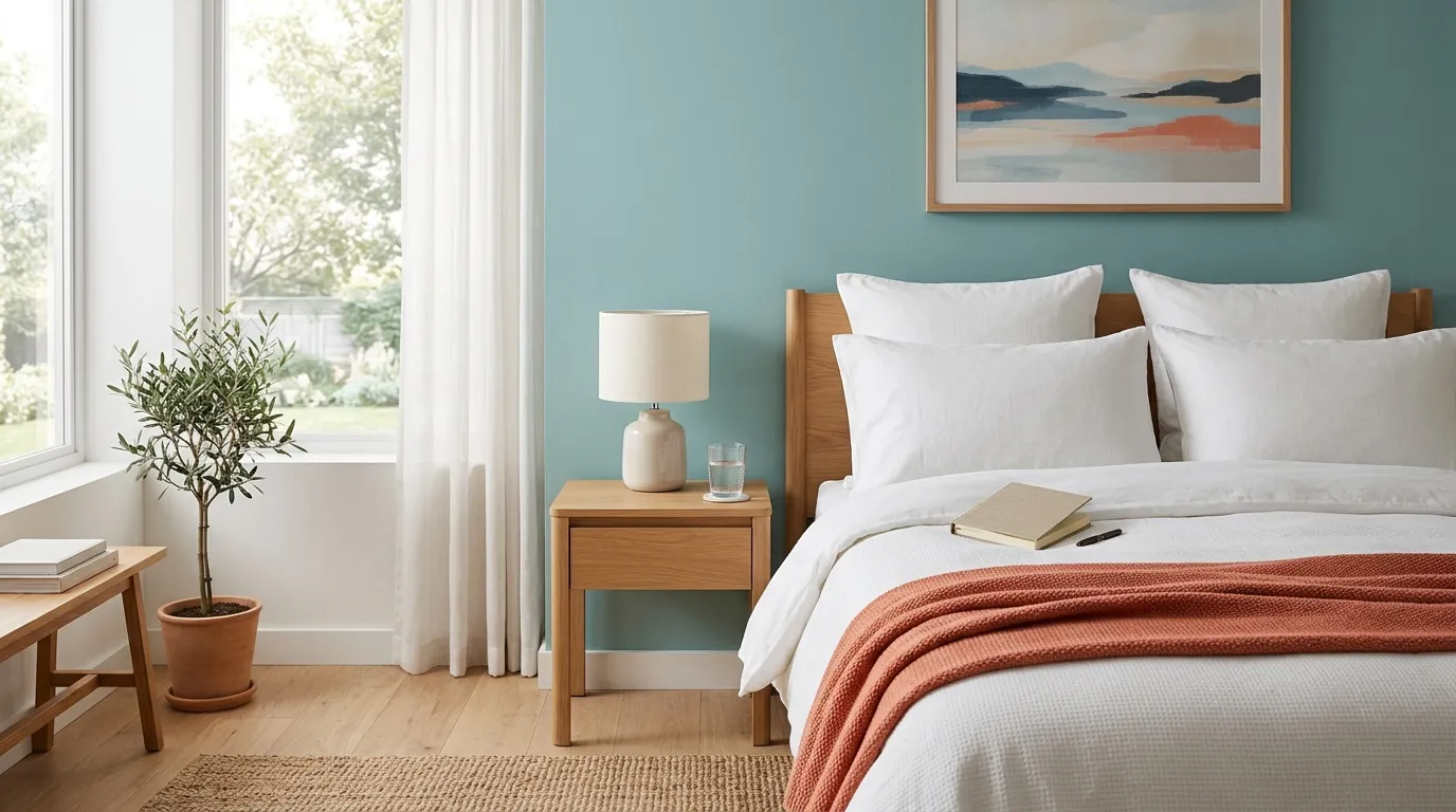 Ruhiges Schlafzimmer mit gemachtem Bett und Kissen am Abend